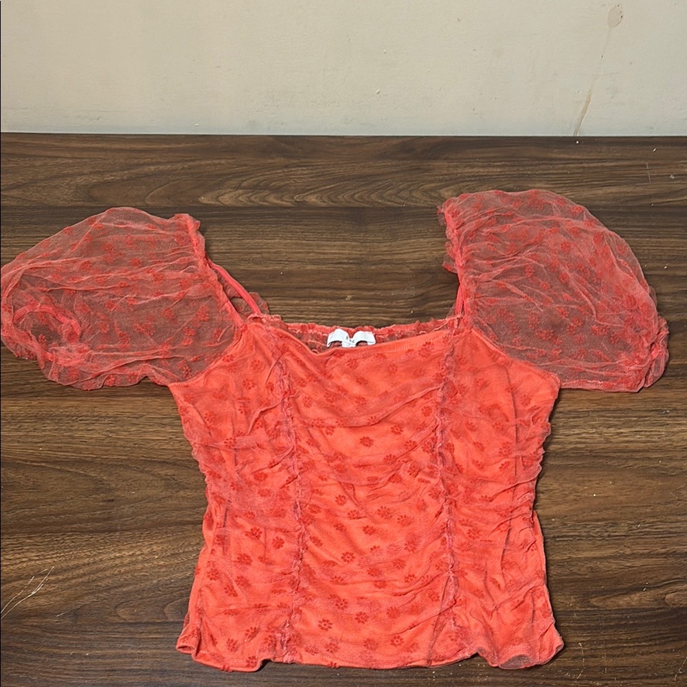 Red Sheer Puff Sleeve Top